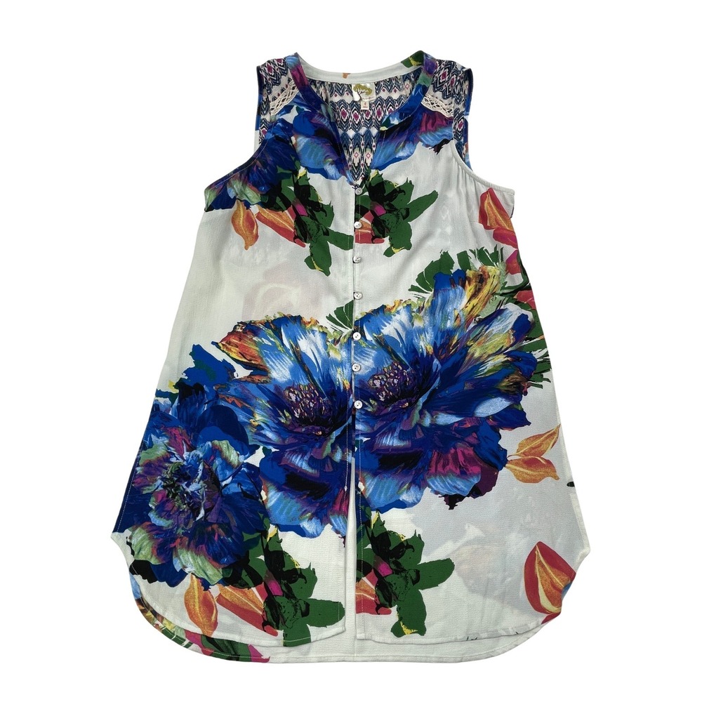 Fig and Flower Floral Tunic Tank Top Women L Boho Flowy Sleeveless Button Front